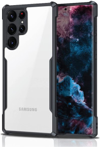  Луксозен силиконов гръб ТПУ прозрачен за Samsung Galaxy S22 Ultra 5G S908  черен кант 